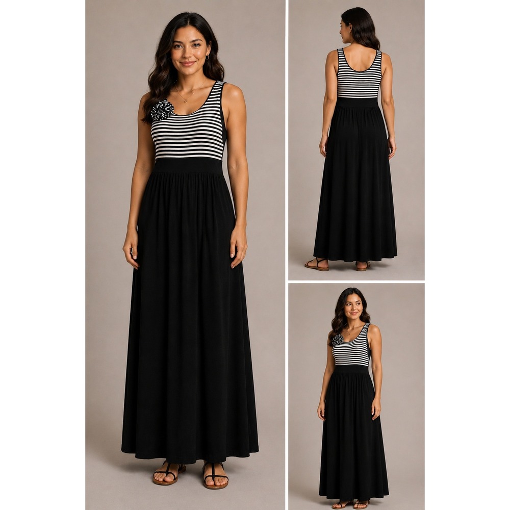 AGB Dress Woman 16W Black‎ White Striped Rosette Shoulder Sleeveless Maxi Dress